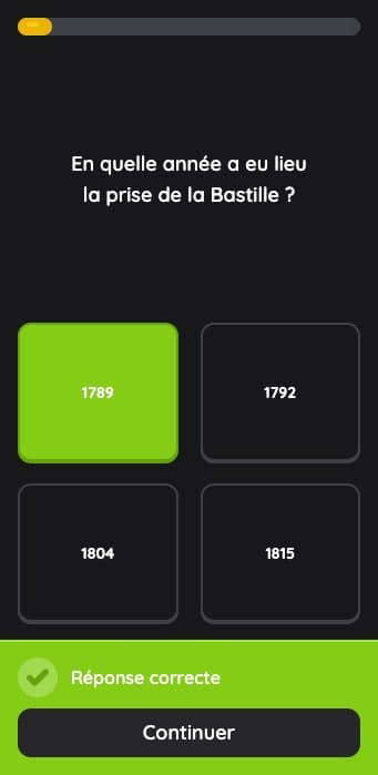 Application élève sur téléphone : une question de quiz en mode aventure, avec la bonne réponse validée